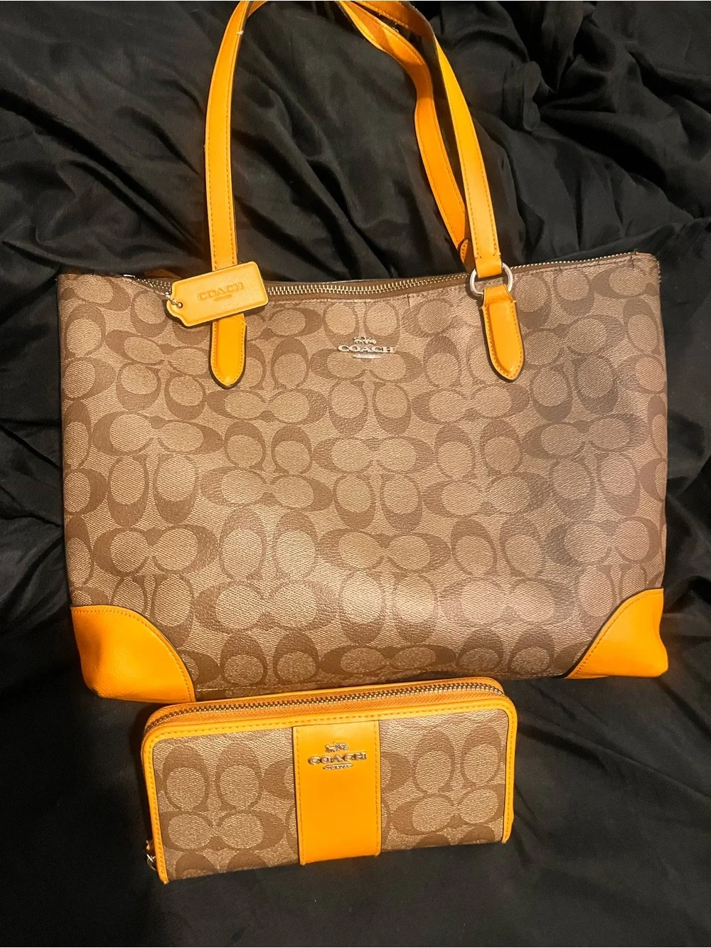 Coach Tan Signature Tote with Orange Leather Trim and Matching Wallet